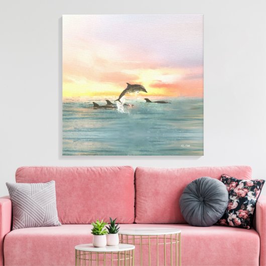 Dolphin Tropical Sunset | Waterverf Kustkust Canvas Afdruk (Insitu (Woonkamer))