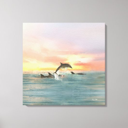 Dolphin Tropical Sunset | Waterverf Kustkust Canvas Afdruk (Voorkant)