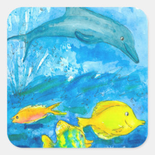 Dolphin Yellow Tang Tropical Fish Vierkante Sticker