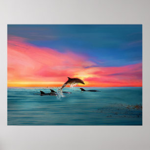 Dolphins Beach Sunset Fantasy Art Poster