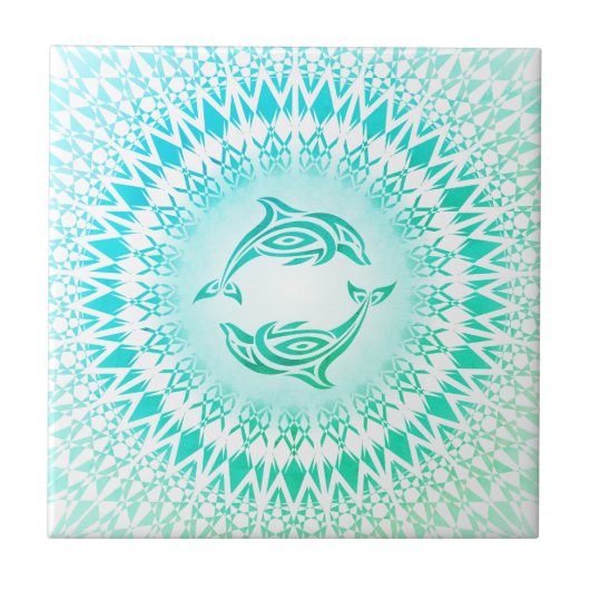 Dolphins Mandala Turquoise Green White Tegeltje (Voorkant)
