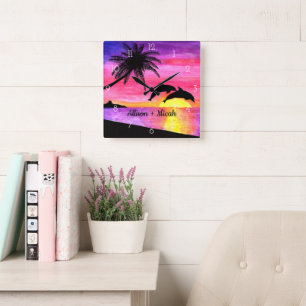 Dolphins Tropisch Paradise Persoonlijke wandklok Vierkante Klok