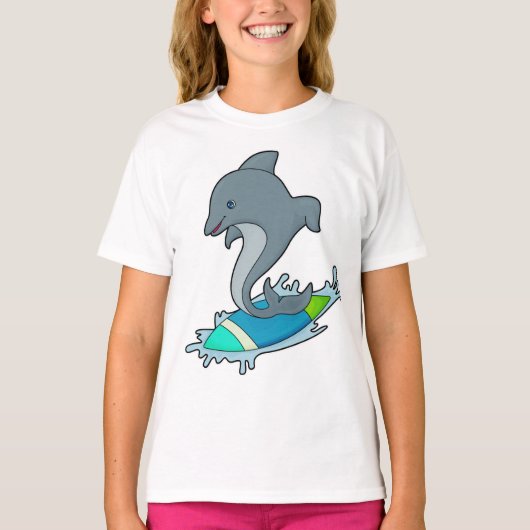 Dolpin als Surfer met Surfboard T-shirt (Voorkant)