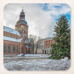Dome-vierkant met kerstboom op Riga Canvas Pri Vierkante Kartonnen Onderzetter