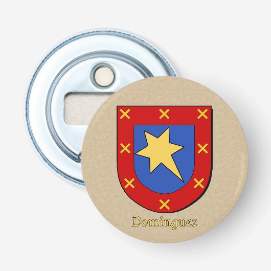 Dominguez Heraldic Arms op Parchment Style Terug Button Flesopener (Voorkant)