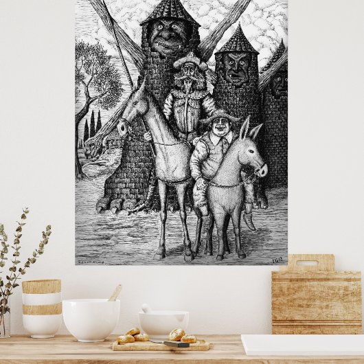 Don Quixote en Sancho Panza-inktpen tekenen Poster (Keuken)