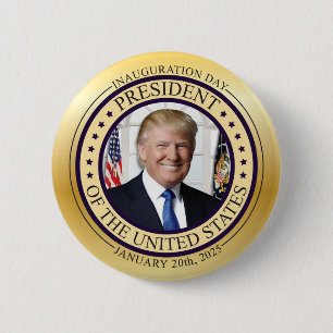 DONALD TRUMP GOLD COMMEMORATIVE INAUGURATION POTUS RONDE BUTTON 5,7 CM