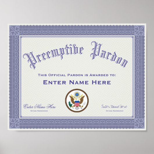 Donald Trump Preemptive Pardon Certification Funny Poster (Voorkant)