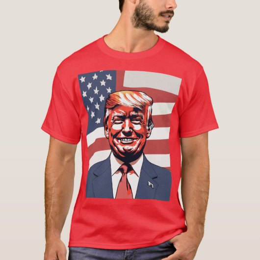 Donald Trump Sketch met subtiele glimlach en Ameri T-shirt (Voorkant)