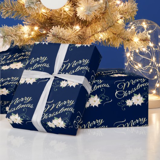 Donk Blue Elegant Merry White Poinsettia Cadeaupapier (Feestdagen)