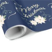 Donk Blue Elegant Merry White Poinsettia Cadeaupapier (Rol Hoek)