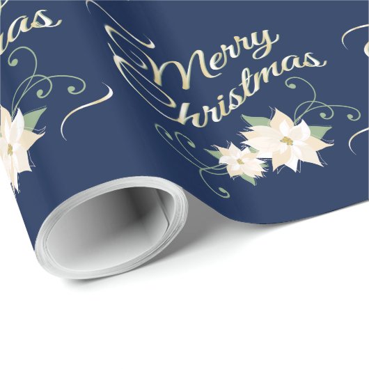 Donk Blue Elegant Merry White Poinsettia Cadeaupapier (Rol Hoek)