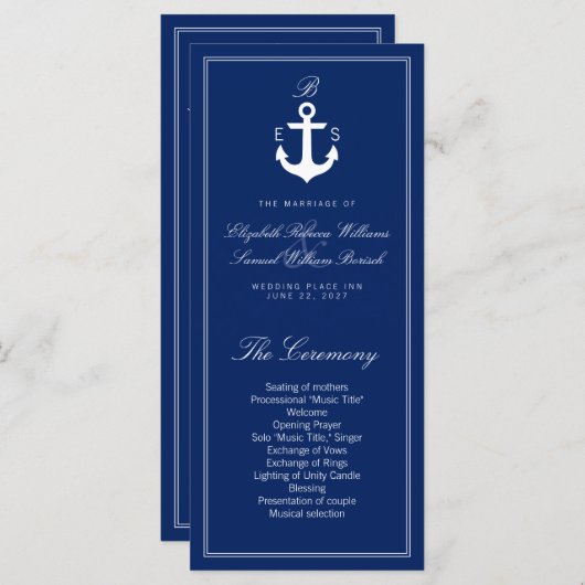Donk Blue Nautical Wedding Program Rack Kaarten (Voorkant / Achterkant)