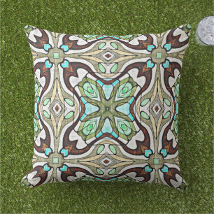 Donk Brown Aqua Turquoise Blue Green Tribal Art Buitenkussen