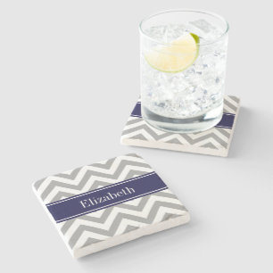 Donk Gray Lg Chevron Navy Blue Name Monogram Stenen Onderzetter