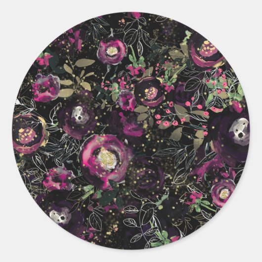 Donk Moody Berry Plum Sparkle Floral Modern Ronde Sticker (Voorkant)