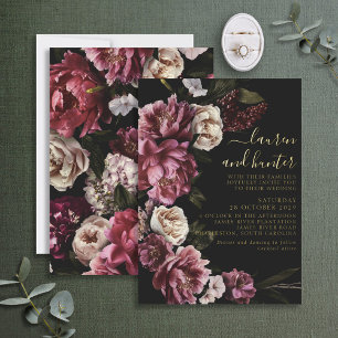 Donk Moody Blush Burgundy Floral Wedding Gold Folie Uitnodiging