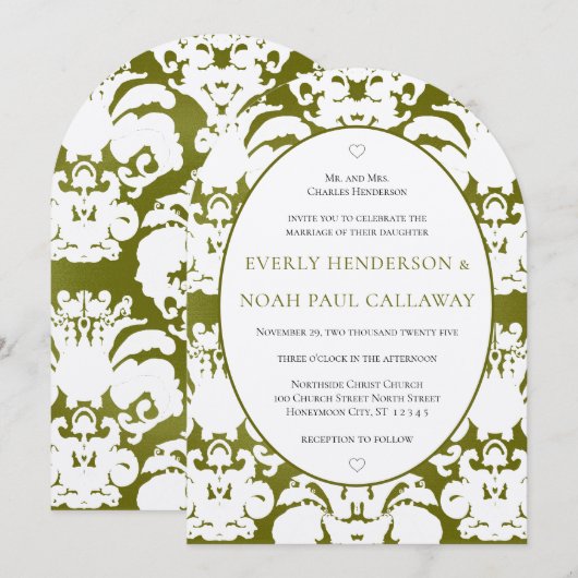 Donk Olive Damask Vintage Wedding Invitation Kaart (Voorkant / Achterkant)