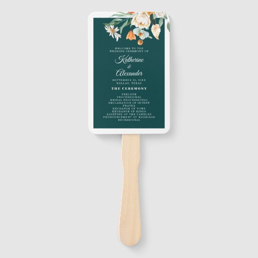Donker Blauwgroen Bloemen Elegant Script Trouwprog Handwaaier (Voorkant)