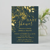 Donker Blauwgroen en goudhoudend Floral Baby showe Folie Uitnodiging (Staand Voorkant)