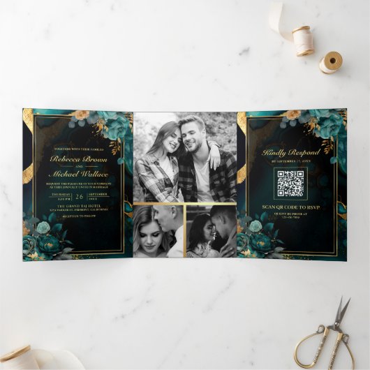 Donker Blauwgroen Goud Bloemen Marmer QR Code Brui Drieluik Uitnodiging (Binnen)