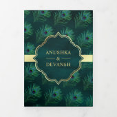 Donker Blauwgroen Peacock Feathers QR Code Bruilof Drieluik Uitnodiging (Cover)