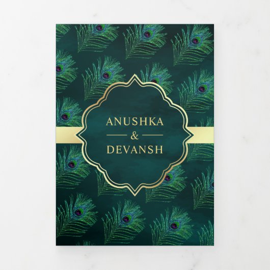 Donker Blauwgroen Peacock Feathers QR Code Bruilof Drieluik Uitnodiging (Cover)