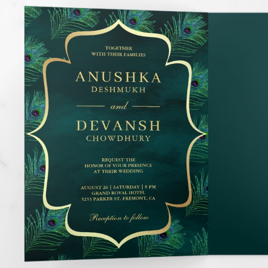 Donker Blauwgroen Peacock Feathers QR Code Bruilof Drieluik Uitnodiging (Binnenzijde eerst)