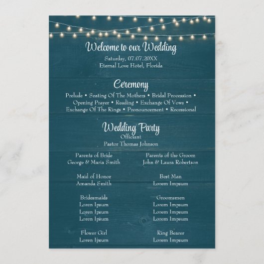 Donker Blauwgroen Rustiek Houten Koord Licht Trouw Programma (Achterkant)