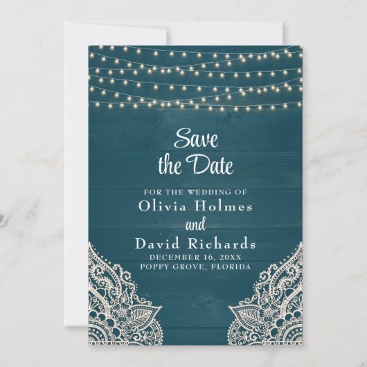 Donker Blauwgroen Rustiek String Light Save the Da Kaart (Voorkant)