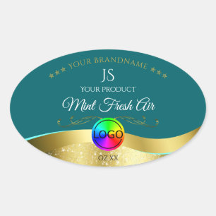 Donker Blauwgroen Wavy Gold Logo Monogram Productl Ovale Sticker