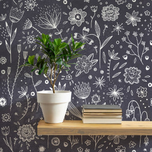 Donker Bloemen Chalkboard Grey Botanical Behang