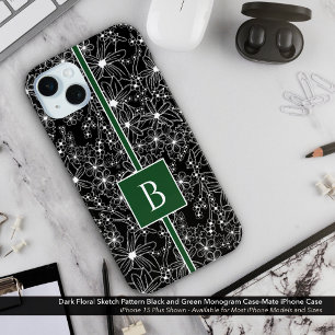 Donker bloemenpatroon zwart groen schets monogram iPhone 15 mini hoesje