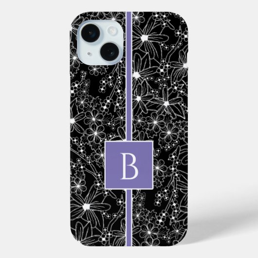 Donker bloemmotief zwart Paarse schets monogram Case-Mate iPhone Case (Achterkant)
