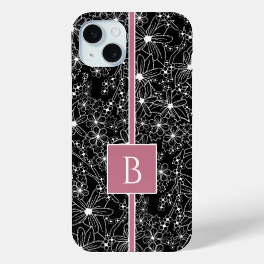 Donker bloemmotief zwart roze schets monogram Case-Mate iPhone case (Achterkant)