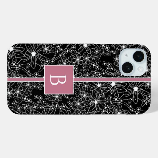 Donker bloemmotief zwart roze schets monogram Case-Mate iPhone case (Achterkant (horizontaal))
