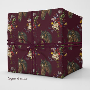 Donker bordeauxrode elegante vintage paard bloemig cadeaupapier