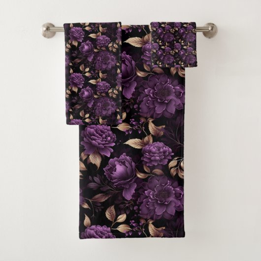 Donker botanisch gotisch violet en goudpatroon bad handdoek (Insitu)