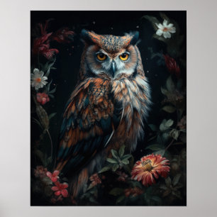 Donker Cottagecore Uil en Flowers Art Print Poster
