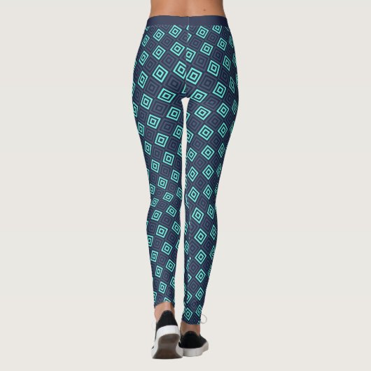 Donker Cyaan Blauw Aquamarijn Vierkanten Patroon F Leggings (Achterkant)