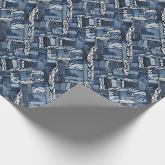 Donker distressed denim patchwork en vlechten cadeaupapier (Hoek)