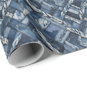 Donker distressed denim patchwork en vlechten cadeaupapier (Rol Hoek)