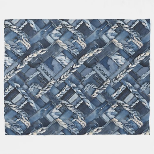 Donker distressed denim patchwork en vlechten fleece deken (Voorkant (Horizontaal))
