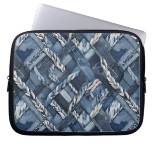 Donker distressed denim patchwork en vlechten laptop sleeve