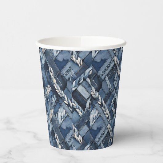 Donker distressed denim patchwork en vlechten papieren bekers (Links)