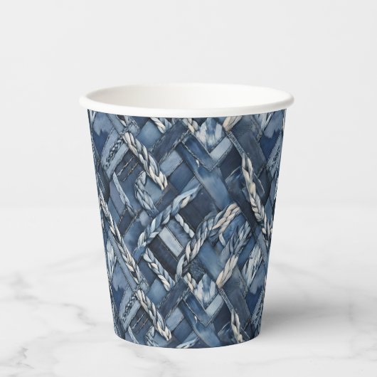 Donker distressed denim patchwork en vlechten papieren bekers (Voorkant)