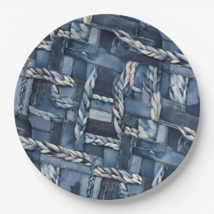 Donker distressed denim patchwork en vlechten papieren bordje