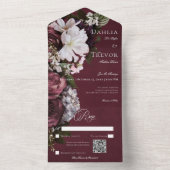 Donker Elegant Bourgogne & Cream Bloemen QR Code All In One Uitnodiging (Binnen)