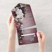 Donker Elegant Bourgogne & Cream Blur Bloemen QR C All In One Uitnodiging (Afscheurbaar)