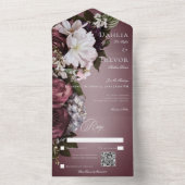 Donker Elegant Bourgogne & Cream Blur Bloemen QR C All In One Uitnodiging (Binnen)